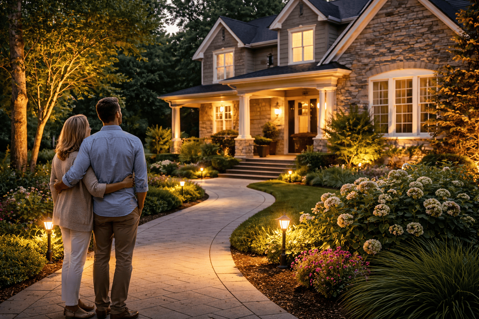 Admiring a beautifully lit home at dusk