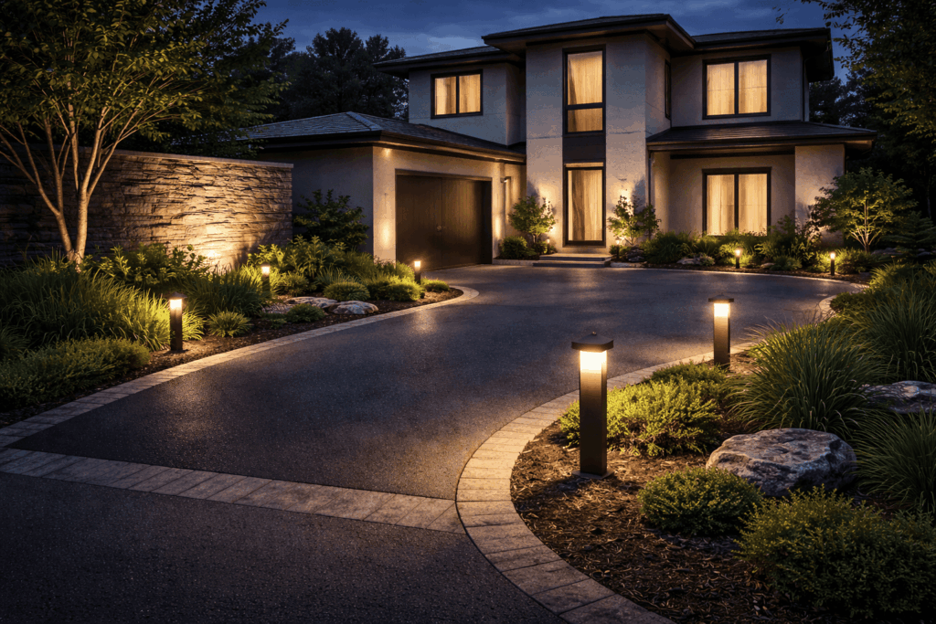 Contemporary home at dusk with lights