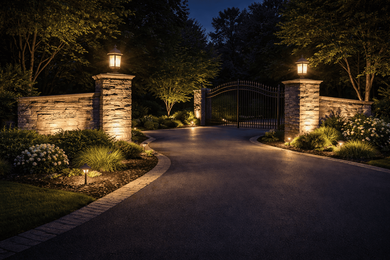 Elegant night entrance with stone pillars