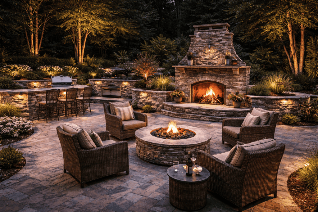 Elegant twilight backyard with stone patio