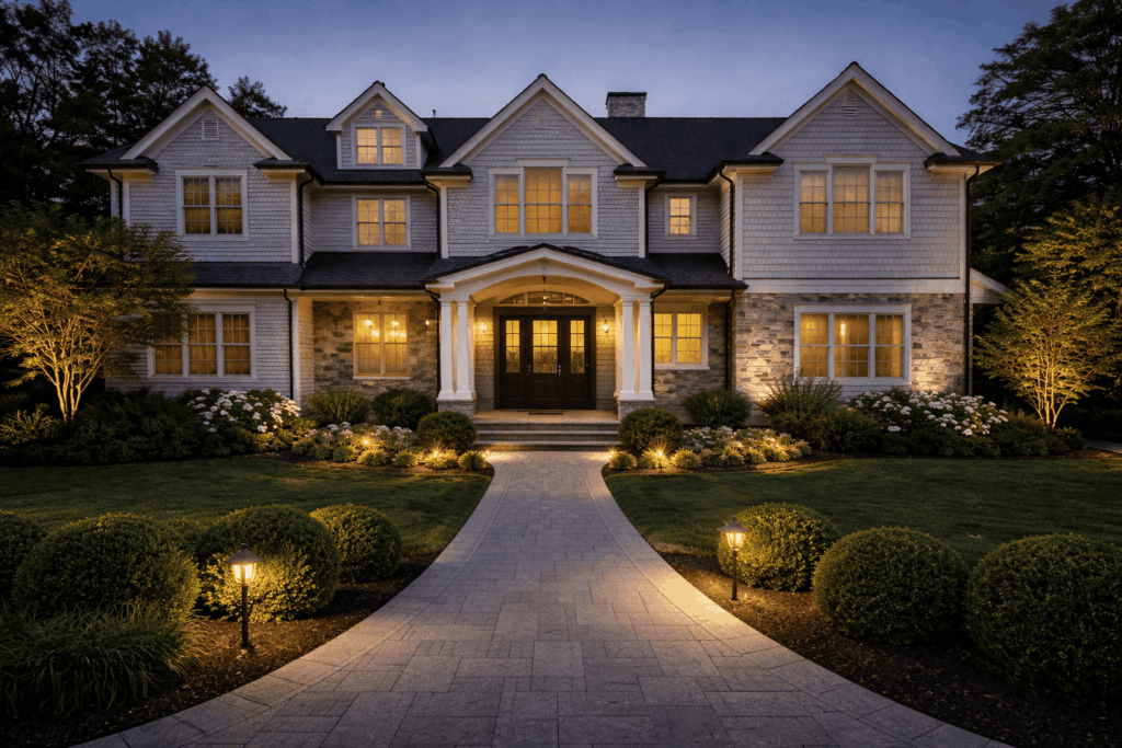 Elegant twilight home with glowing landscaping
