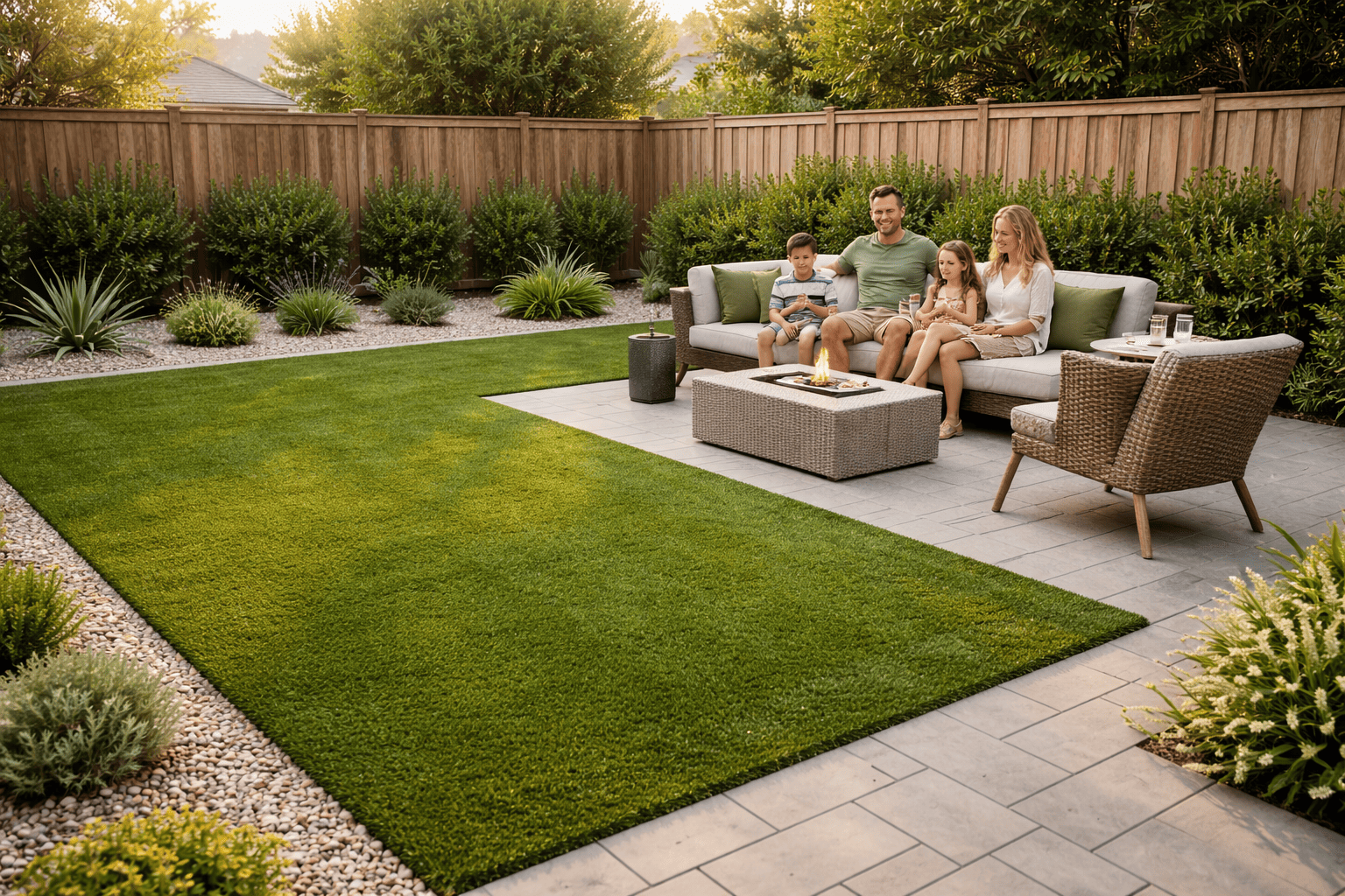 Family enjoying a cozy backyard evening