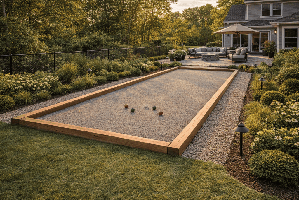 Golden hour bocce court and patio