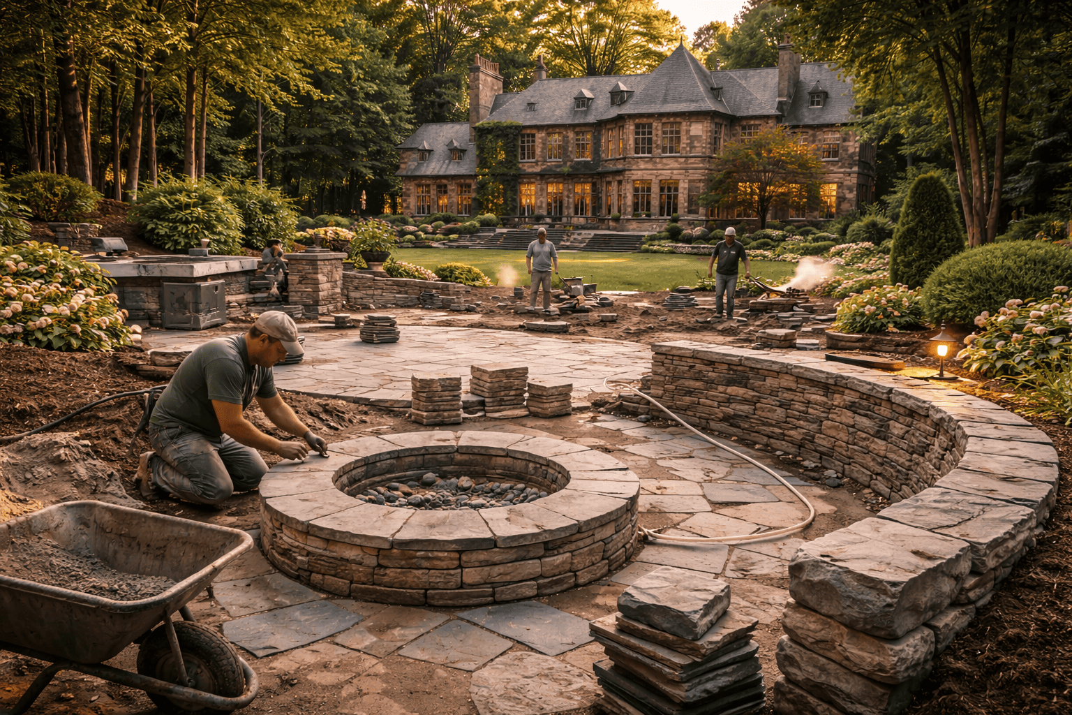 Landscapers building a patio at dusk