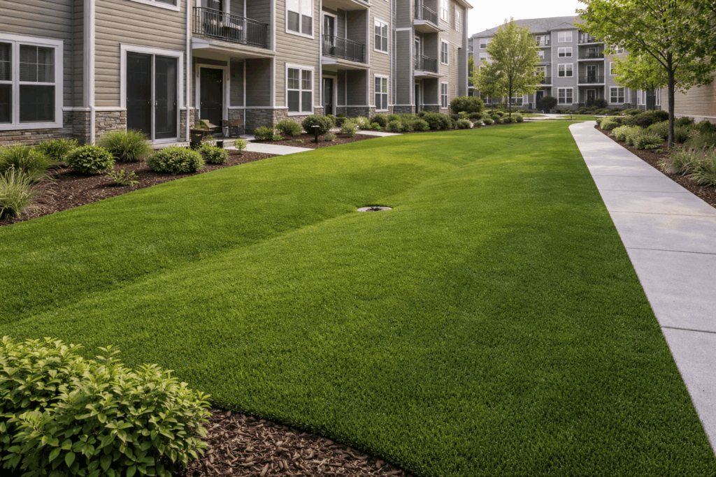 Lush turf and modern apartment landscape