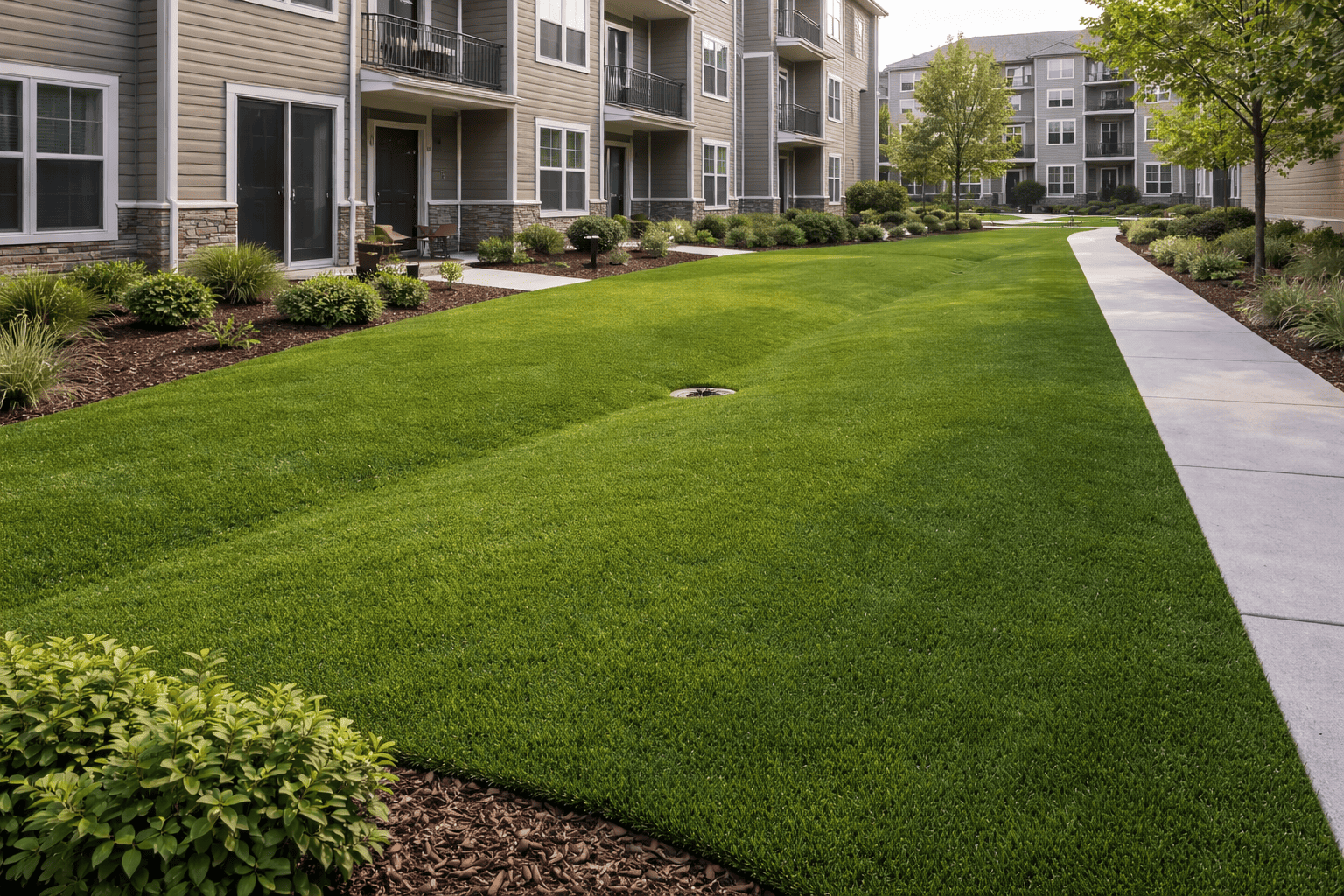 Lush turf and modern apartment landscape