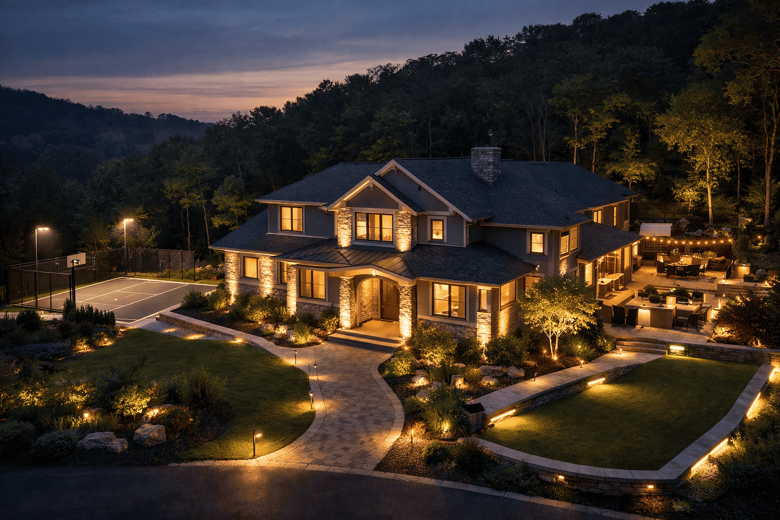 Luxurious suburban home at dusk