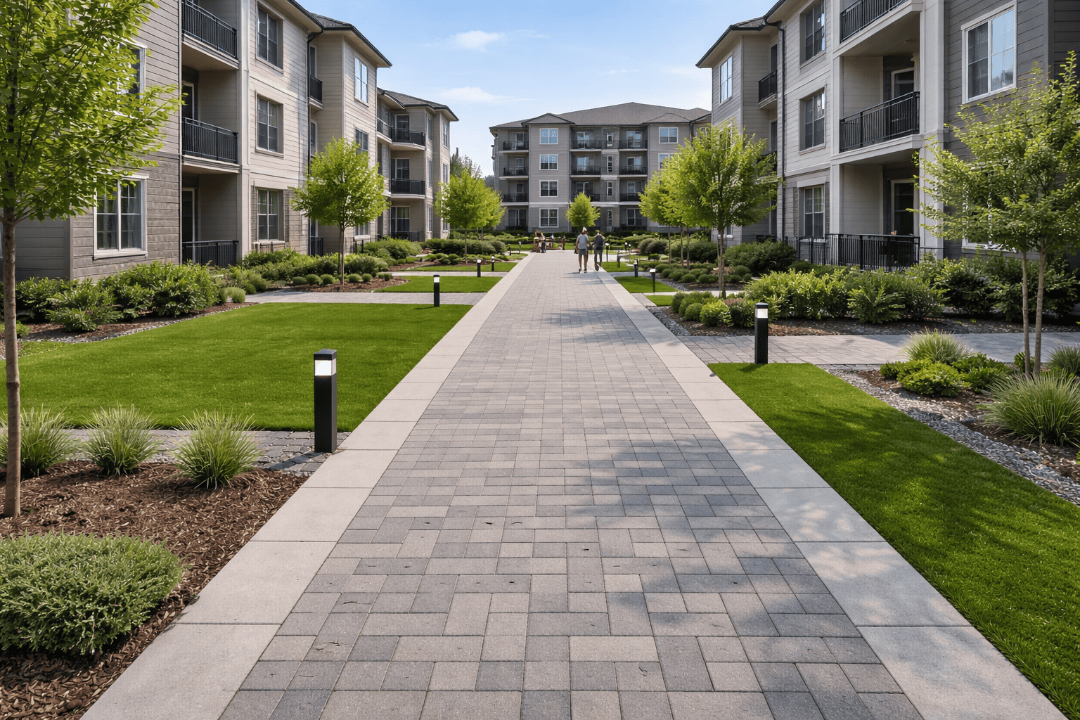 Modern apartment complex with central walkway