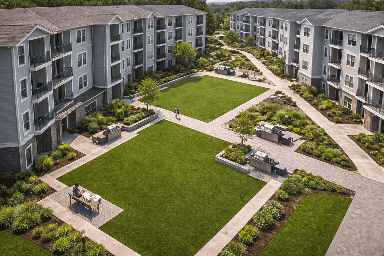 Modern apartment complex with landscaped courtyards