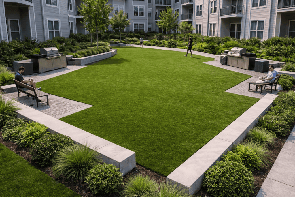 Modern apartment courtyard with green space