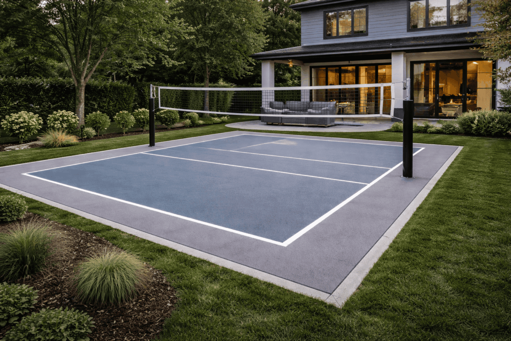 Modern backyard volleyball court at sunset
