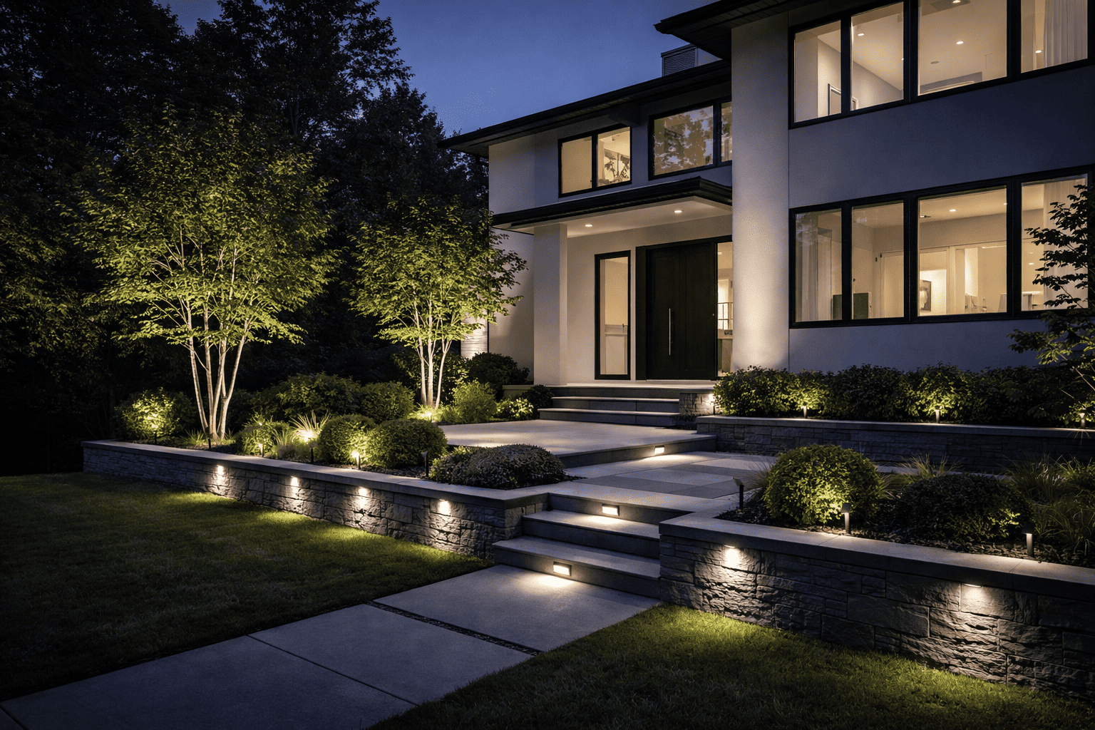 Modern home at dusk with lighting