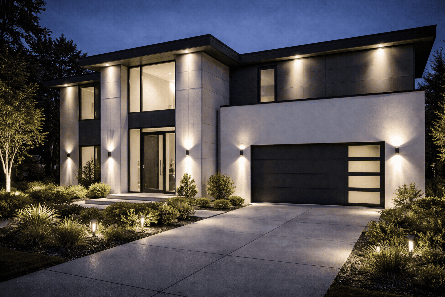 Modern home at night with sleek design