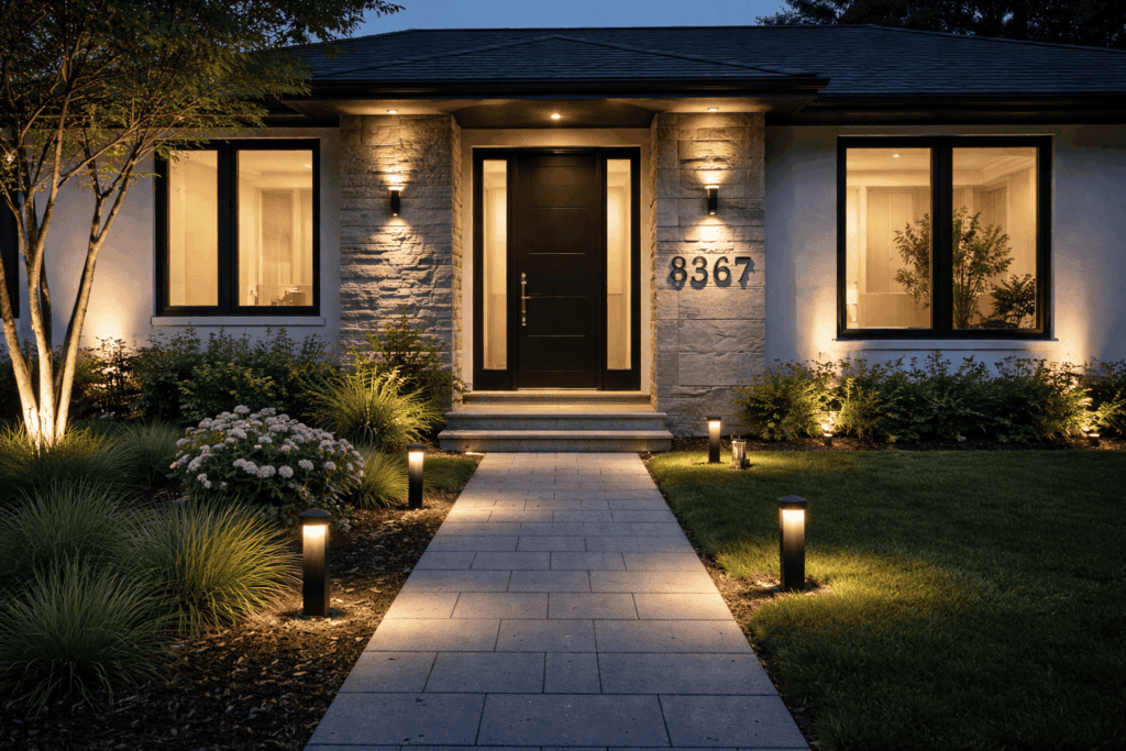 Modern home entrance at dusk