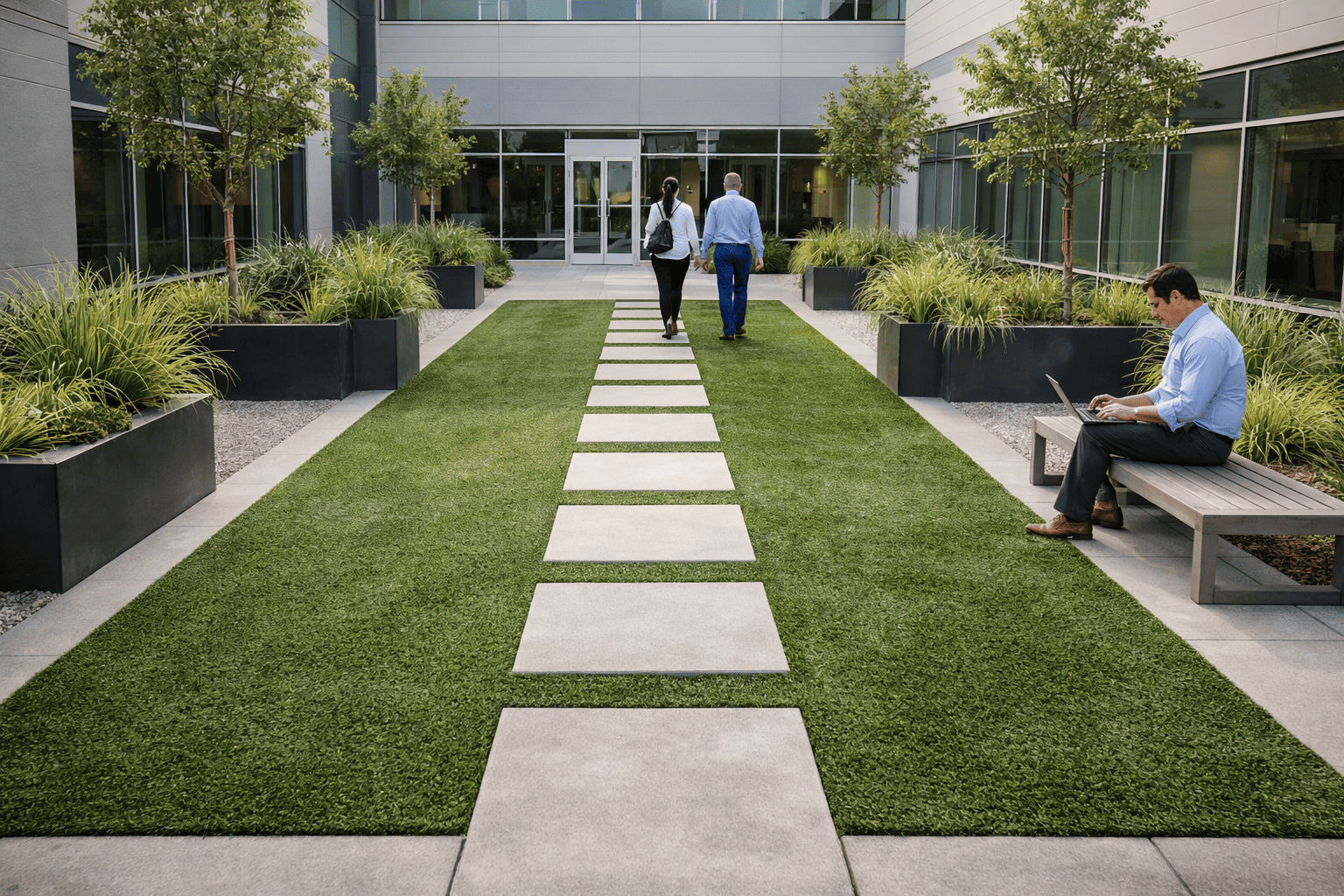 Modern office courtyard with workers