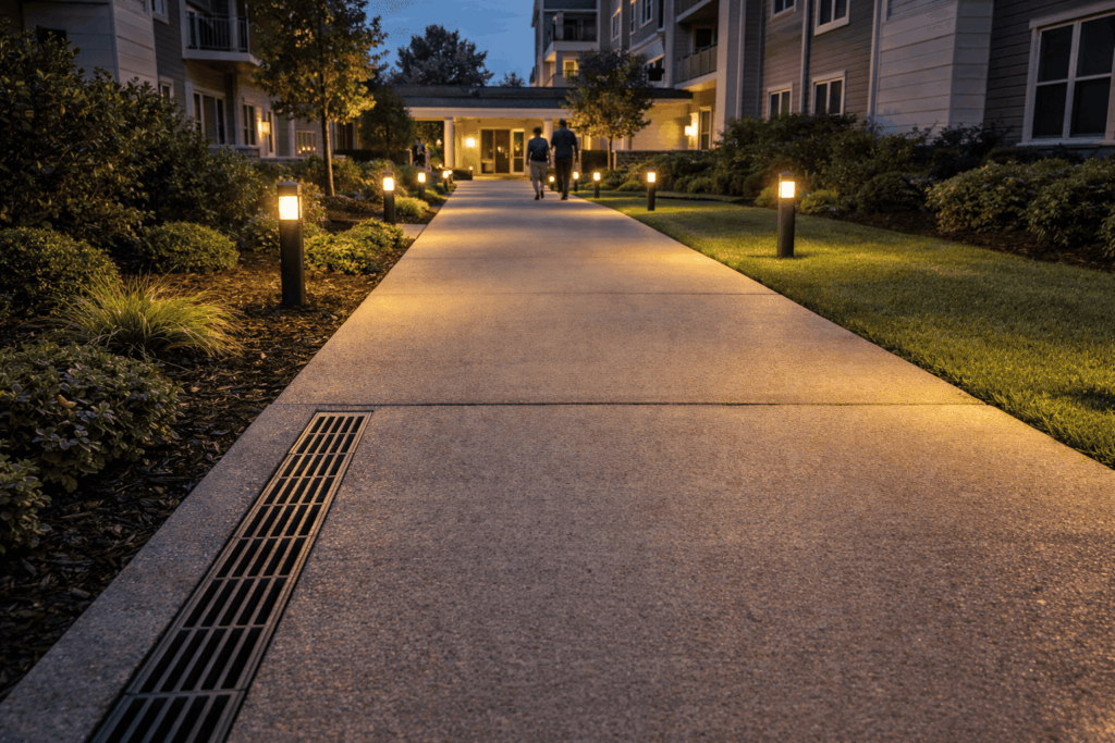 Modern walkway at sunset entrance
