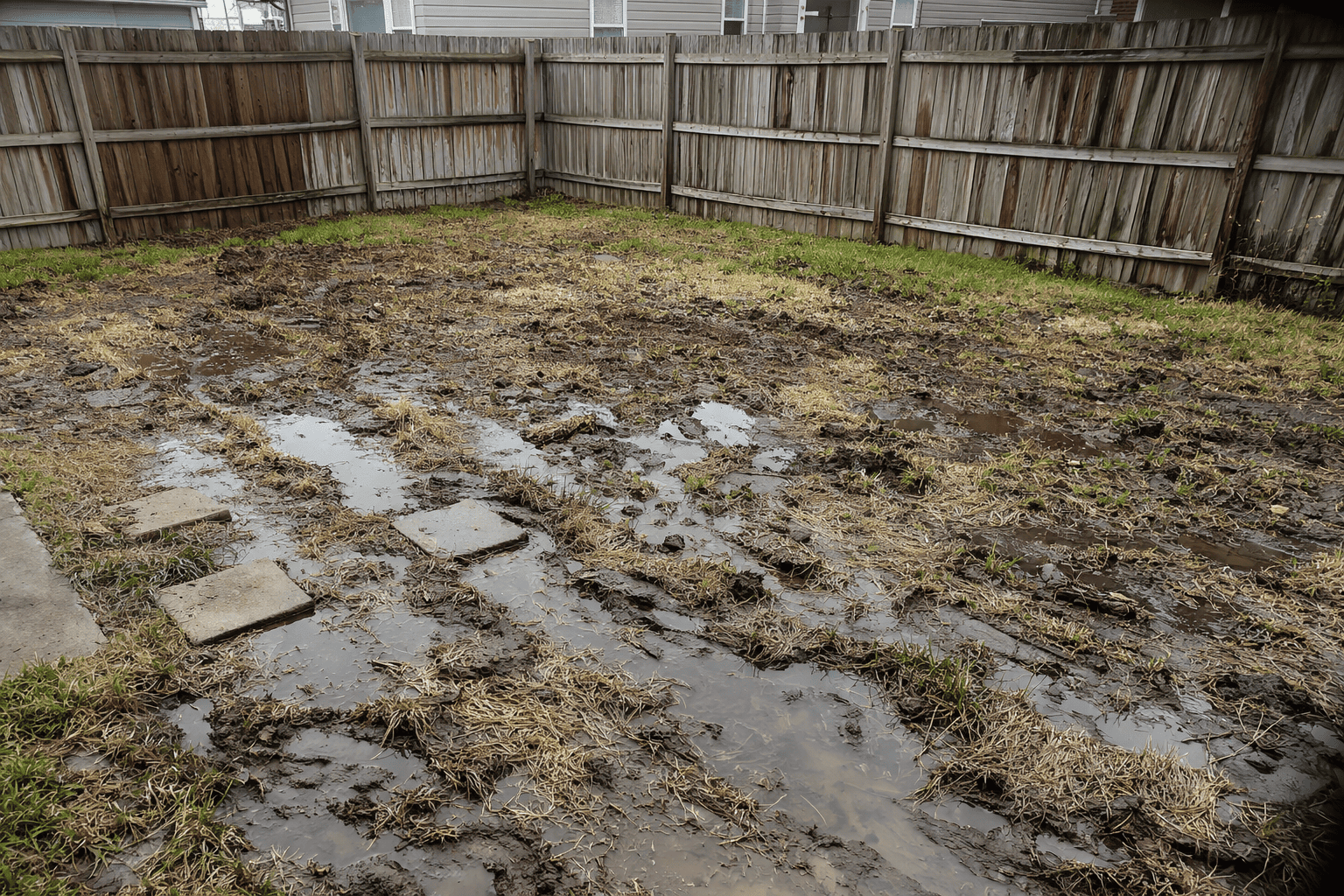 Muddy and waterlogged backyard under overcast sky