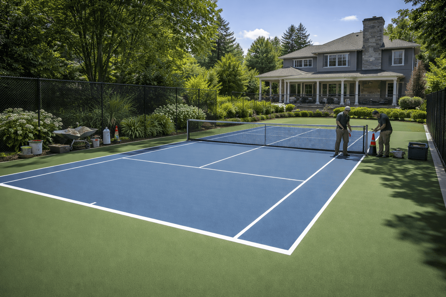 Newly completed tennis court in backyard