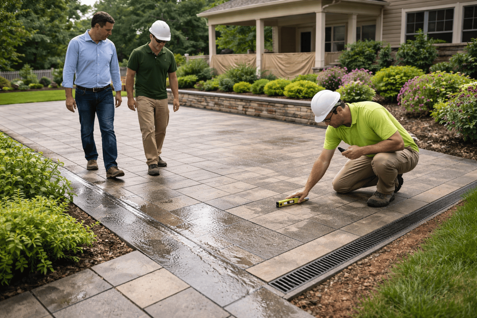 Patio inspection in landscaped yard