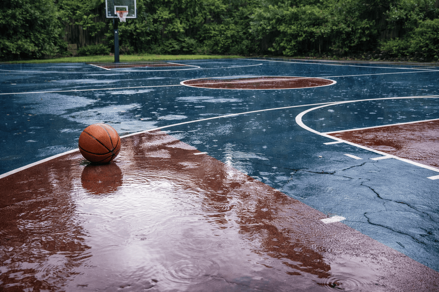 Rain-soaked basketball court reflections