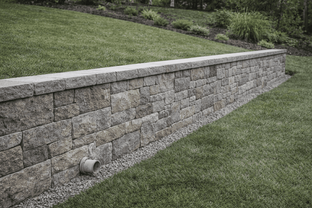 Retaining wall with landscaped green space