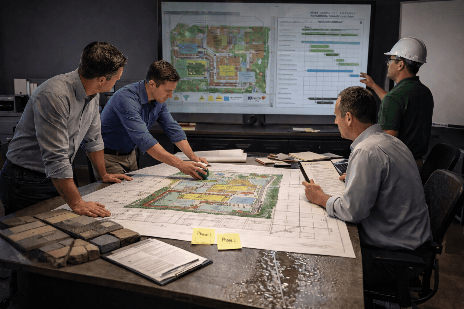 Reviewing landscape plans in the boardroom