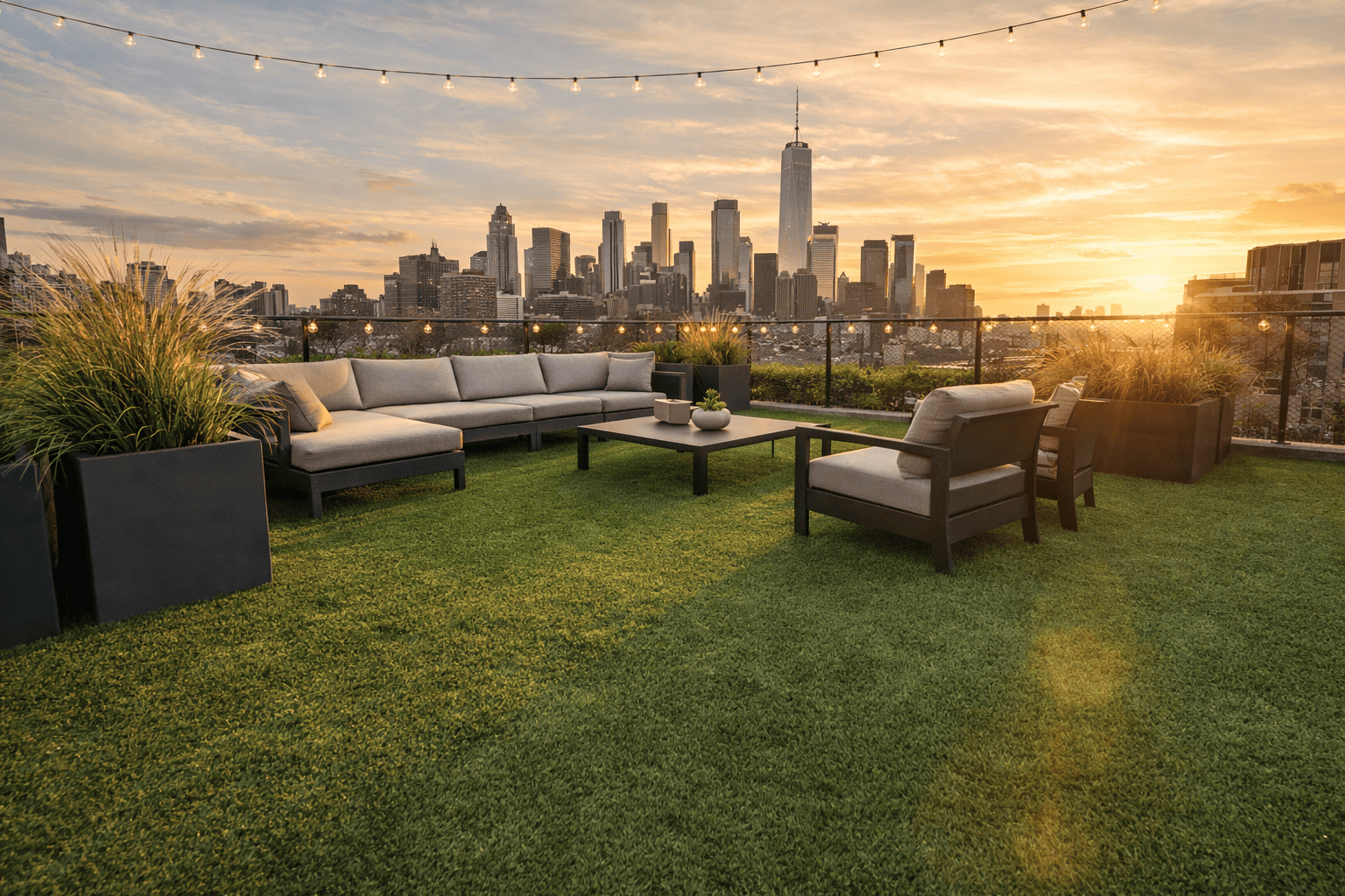 Rooftop terrace at sunset with city view