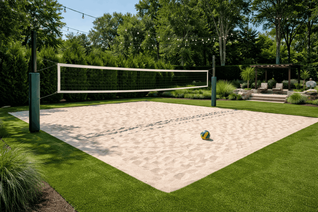 Sand volleyball court in a landscaped backyard