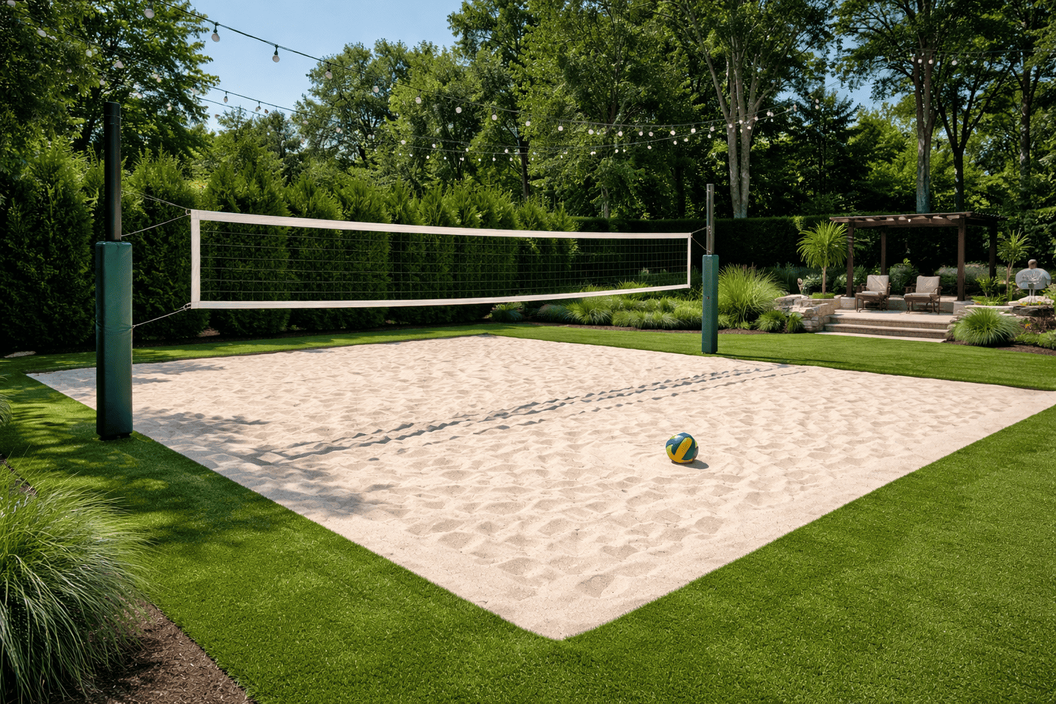 Sand volleyball court in a landscaped backyard