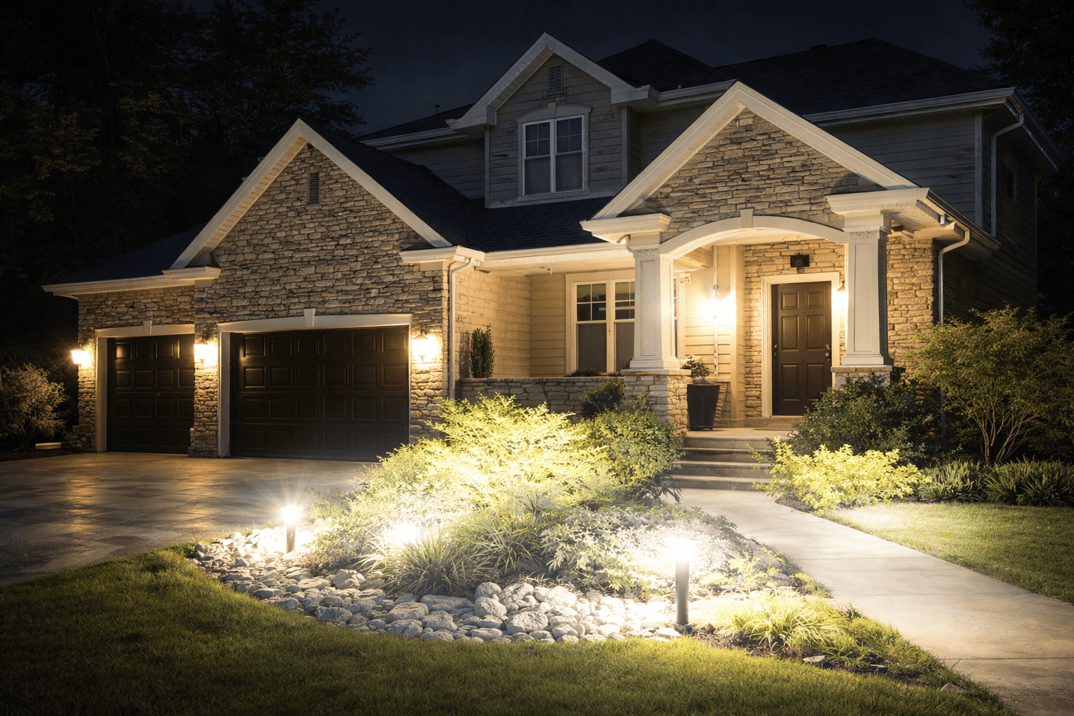 Suburban house at night with bright landscaping