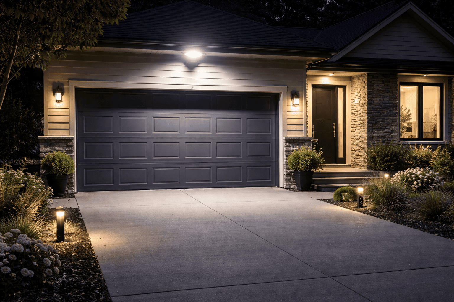Suburban house illuminated at night