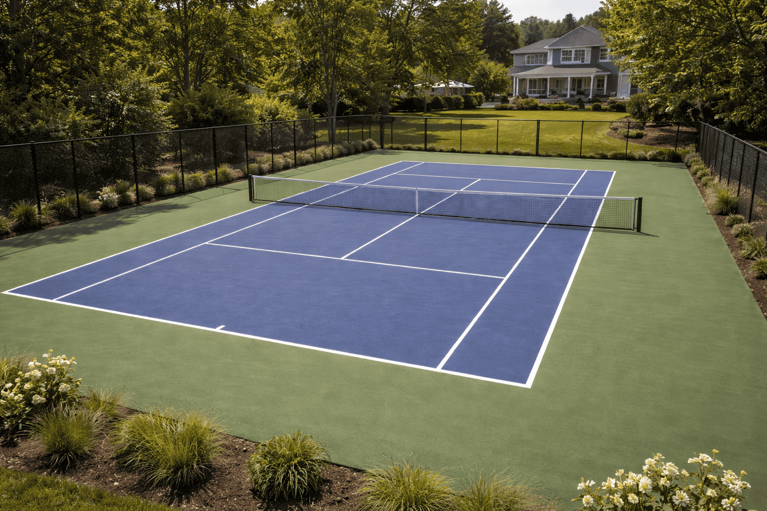 Sunlit backyard tennis court view