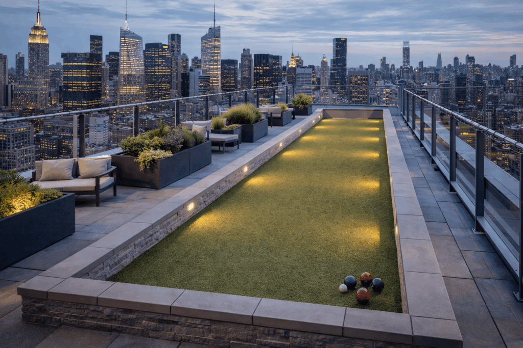 Sunset at the rooftop bocce court