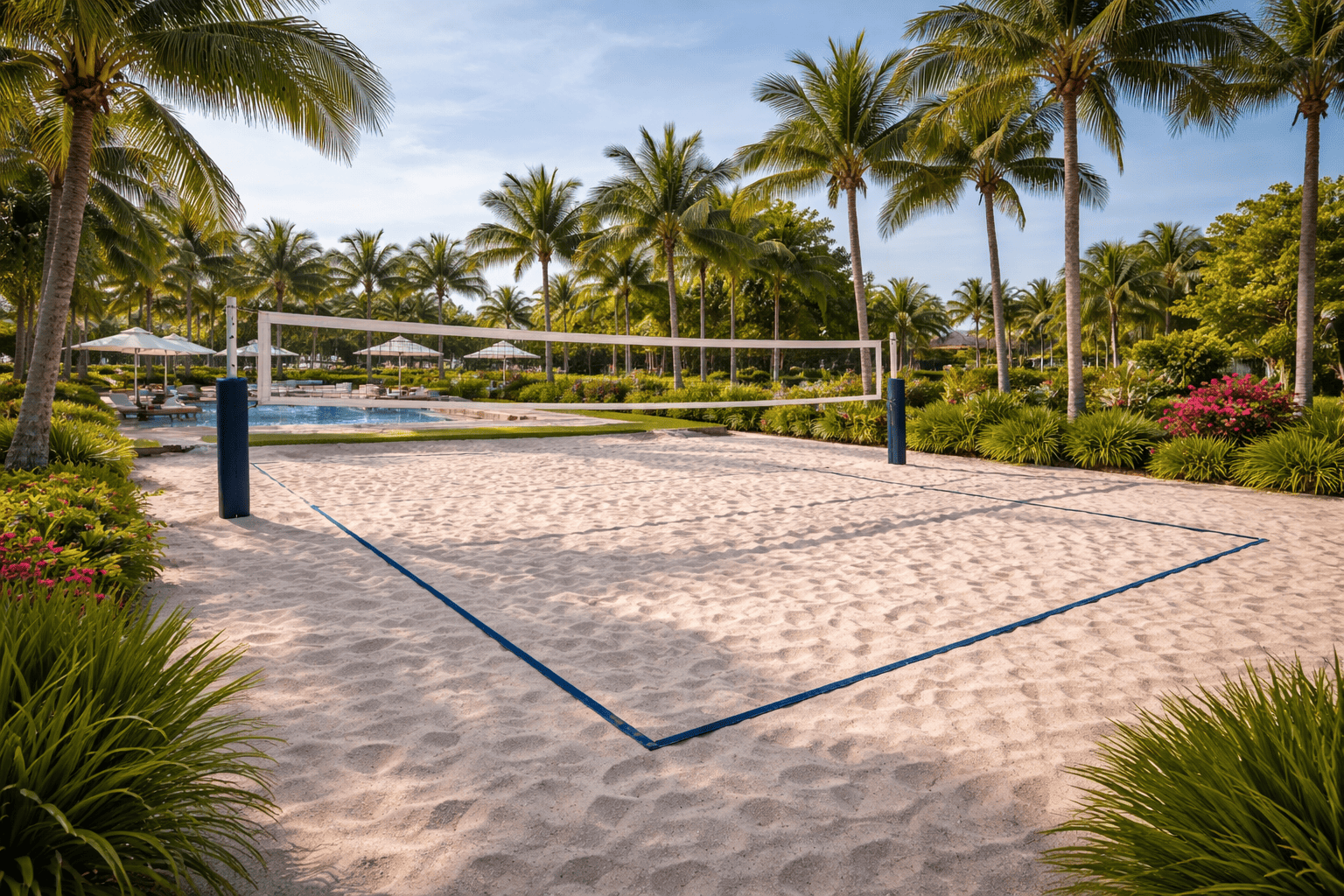 Tropical volleyball court at sunset