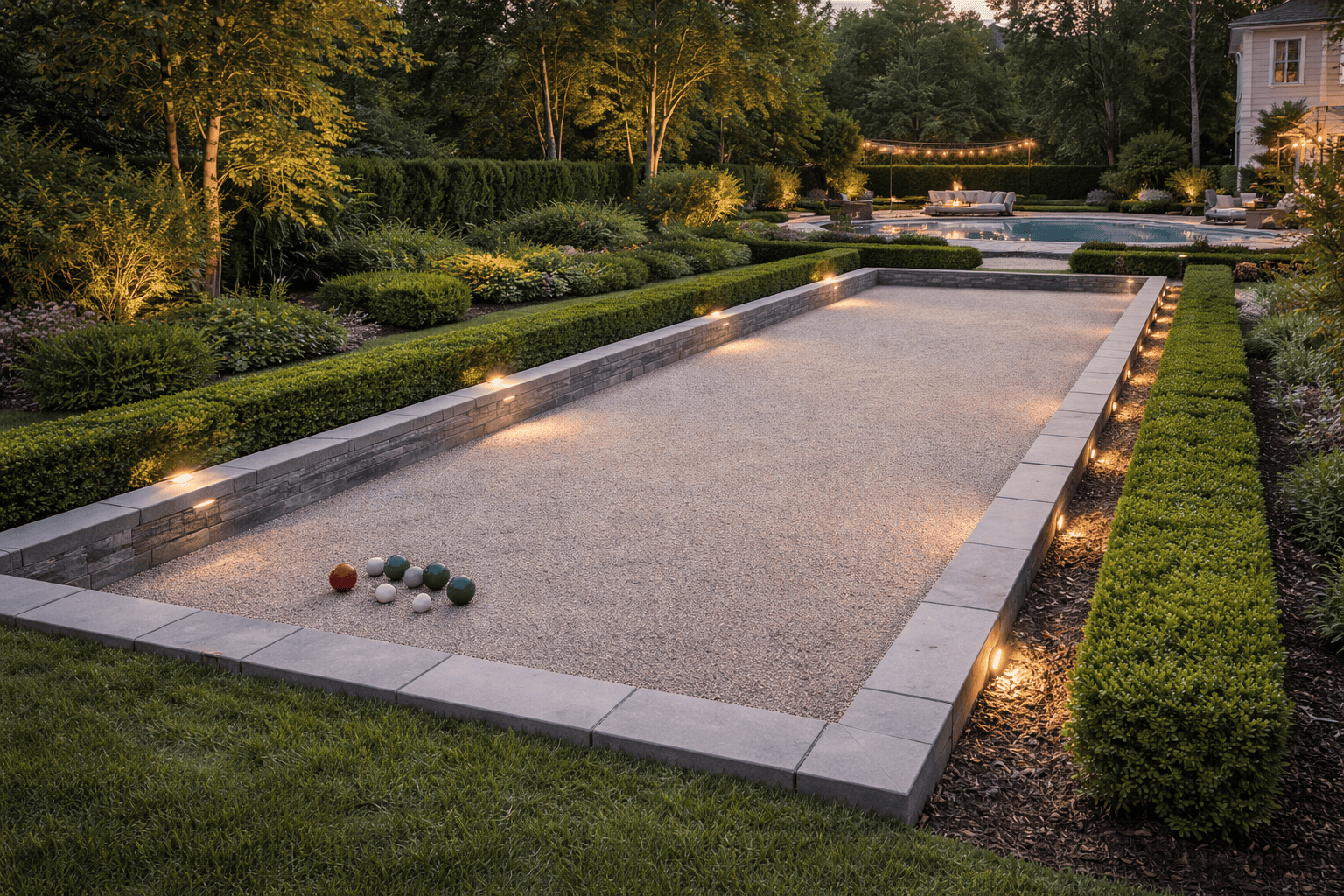 Twilight bocce court and poolside retreat