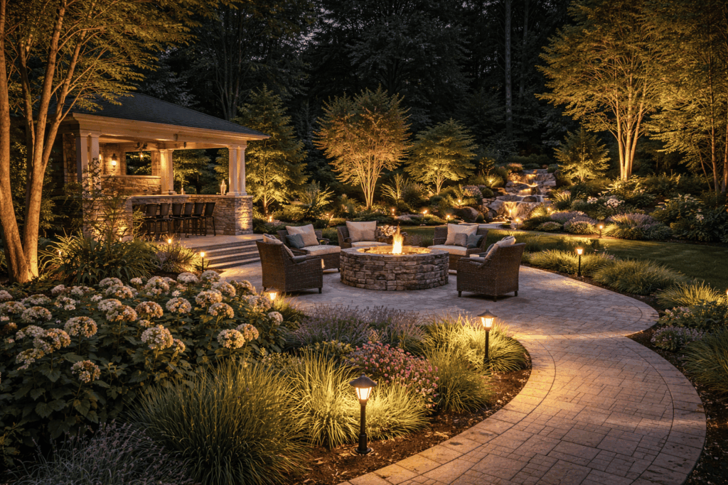 Twilight garden retreat with fire pit