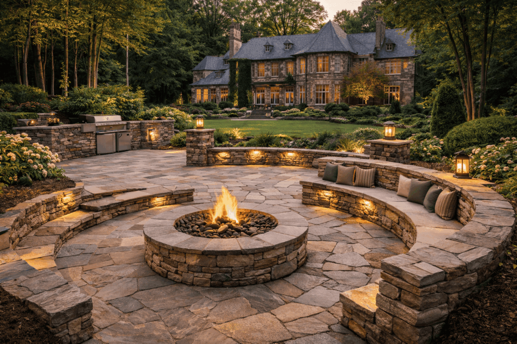 Twilight garden retreat with fire pit