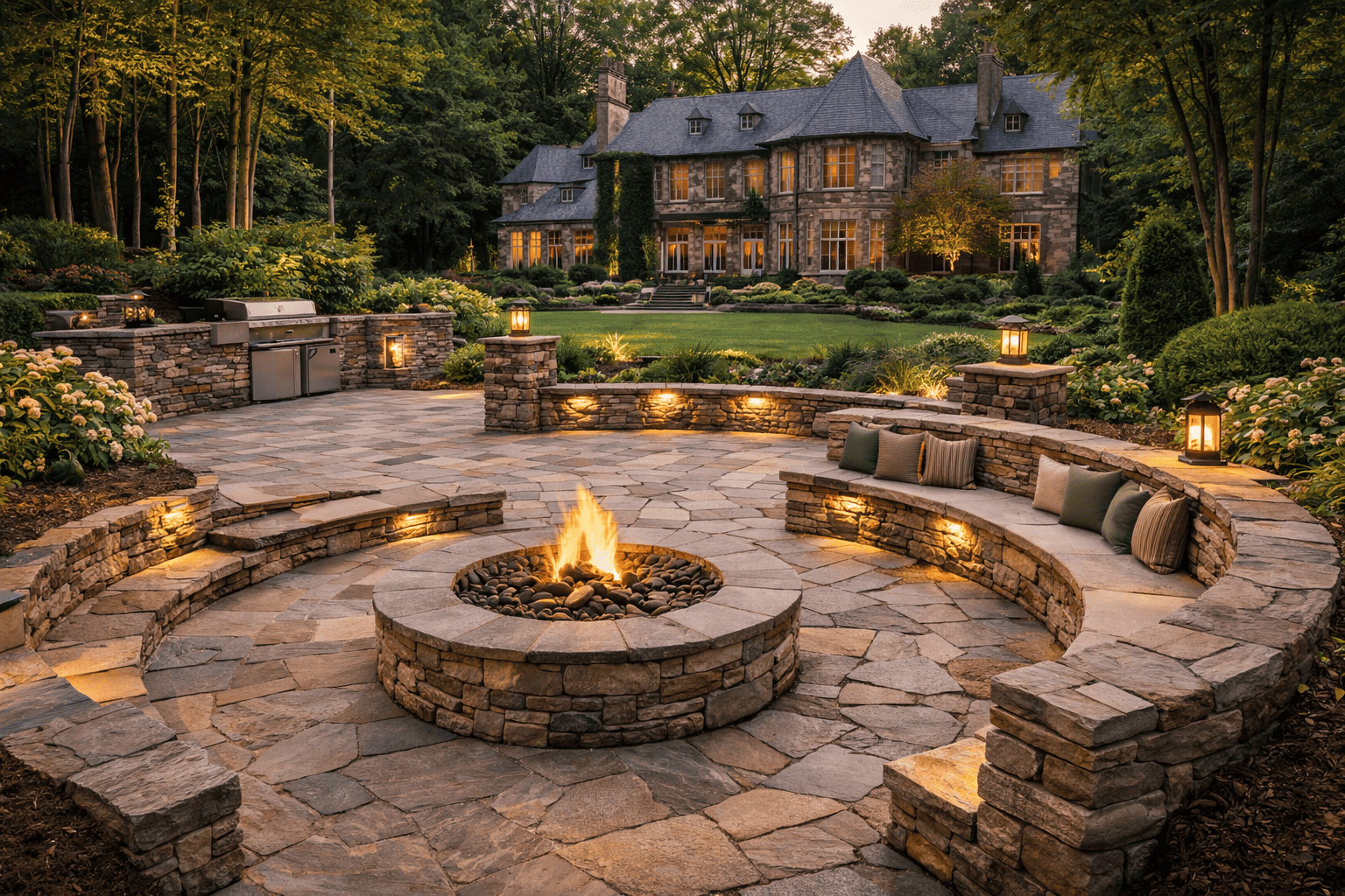 Twilight garden retreat with fire pit