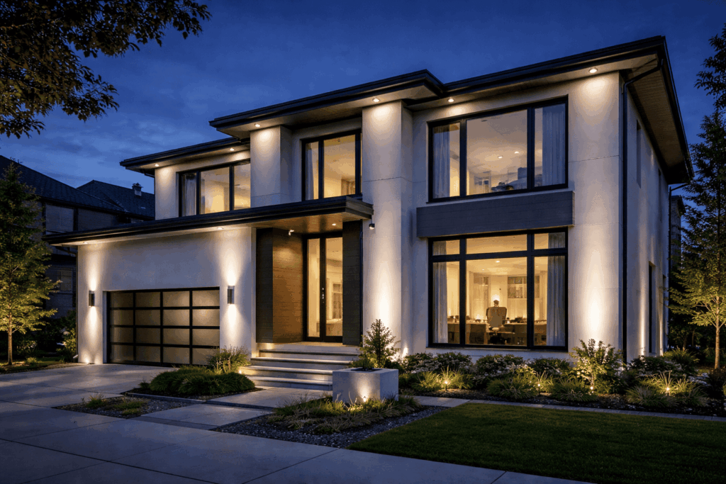 Twilight illumination on modern home