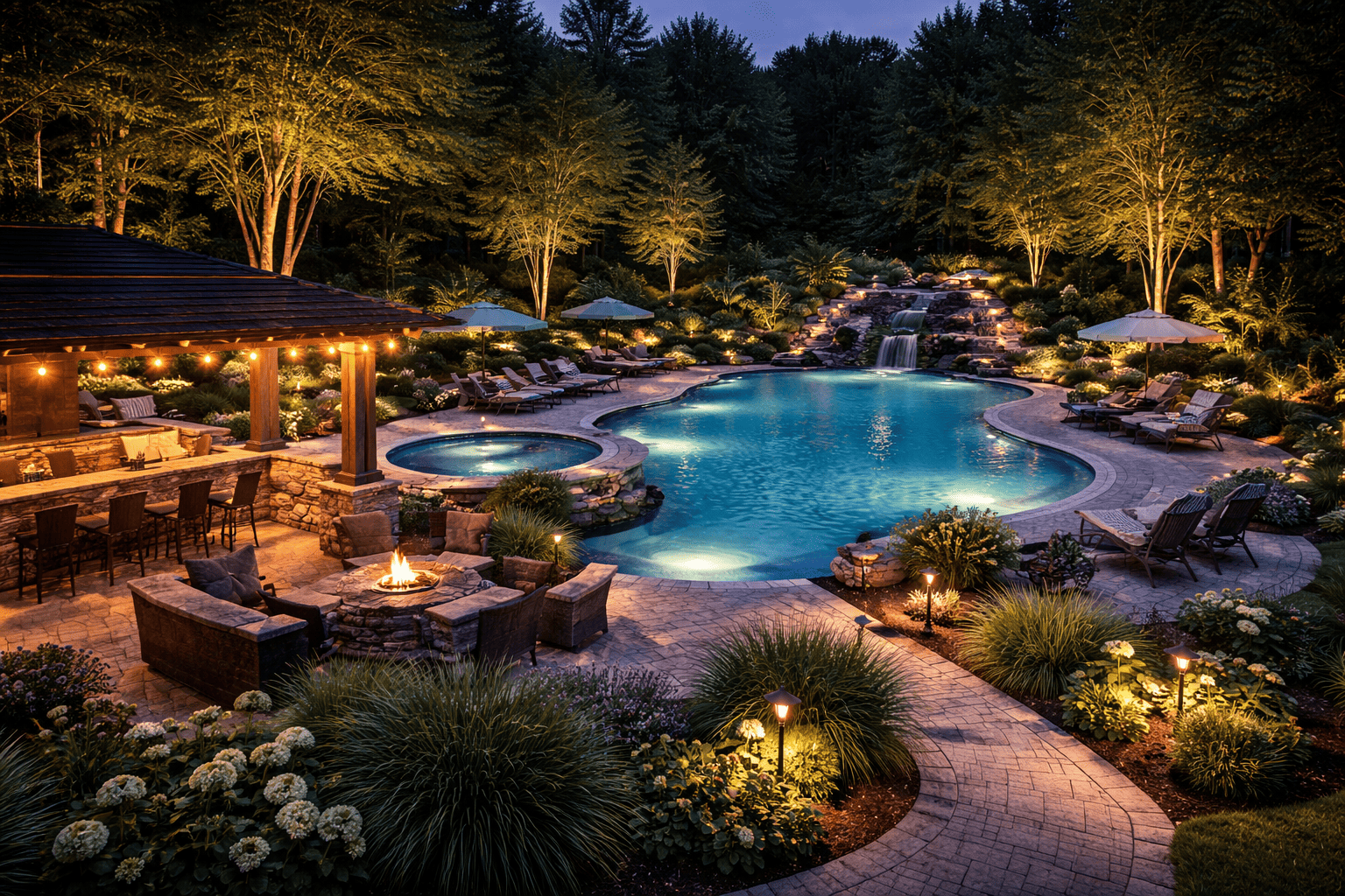 Twilight retreat with elegant poolside views