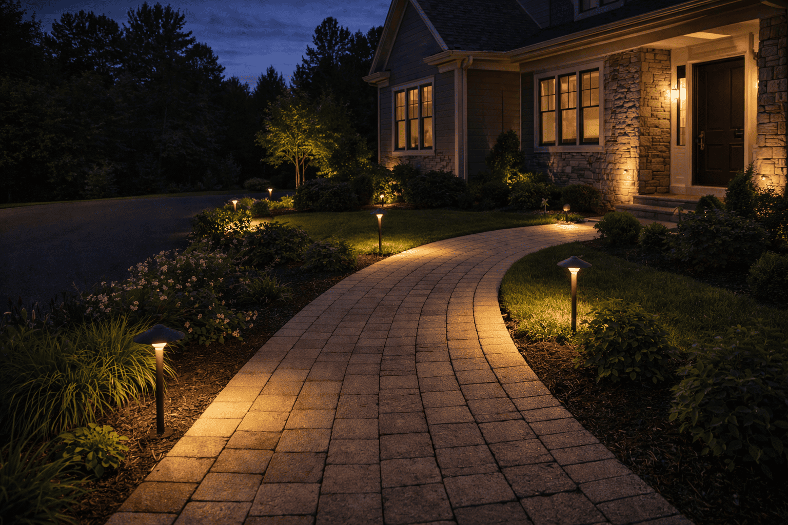 Twilight walkway to a welcoming home