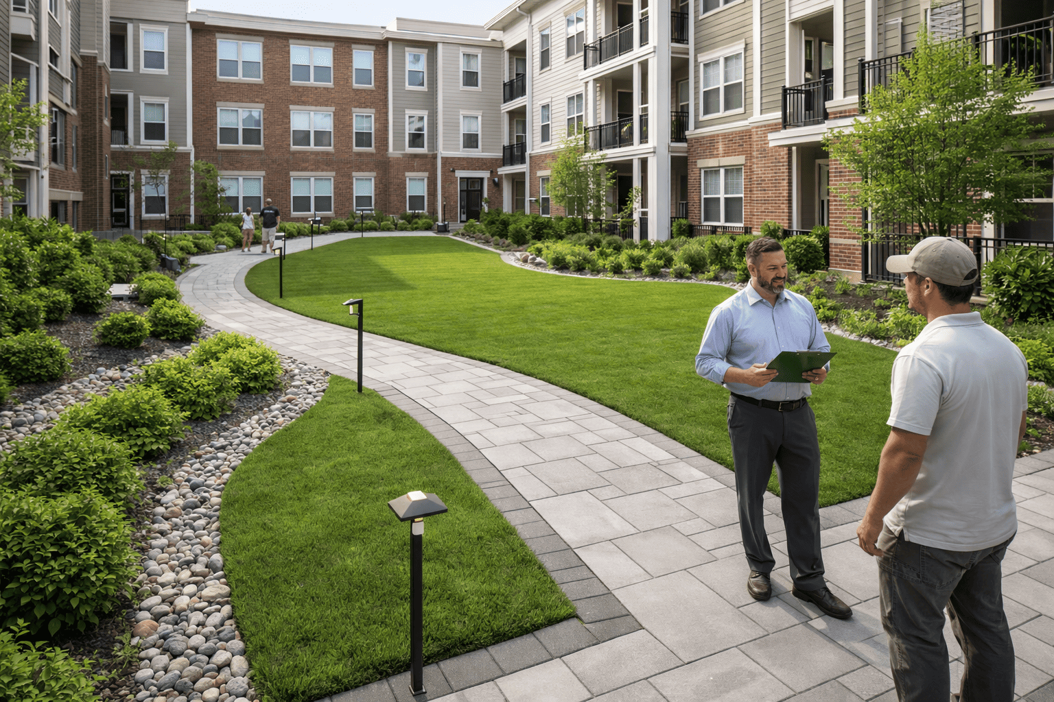 Well-maintained courtyard with residents and staff