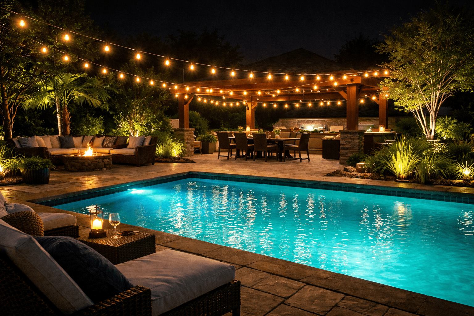 Elegant backyard retreat at night