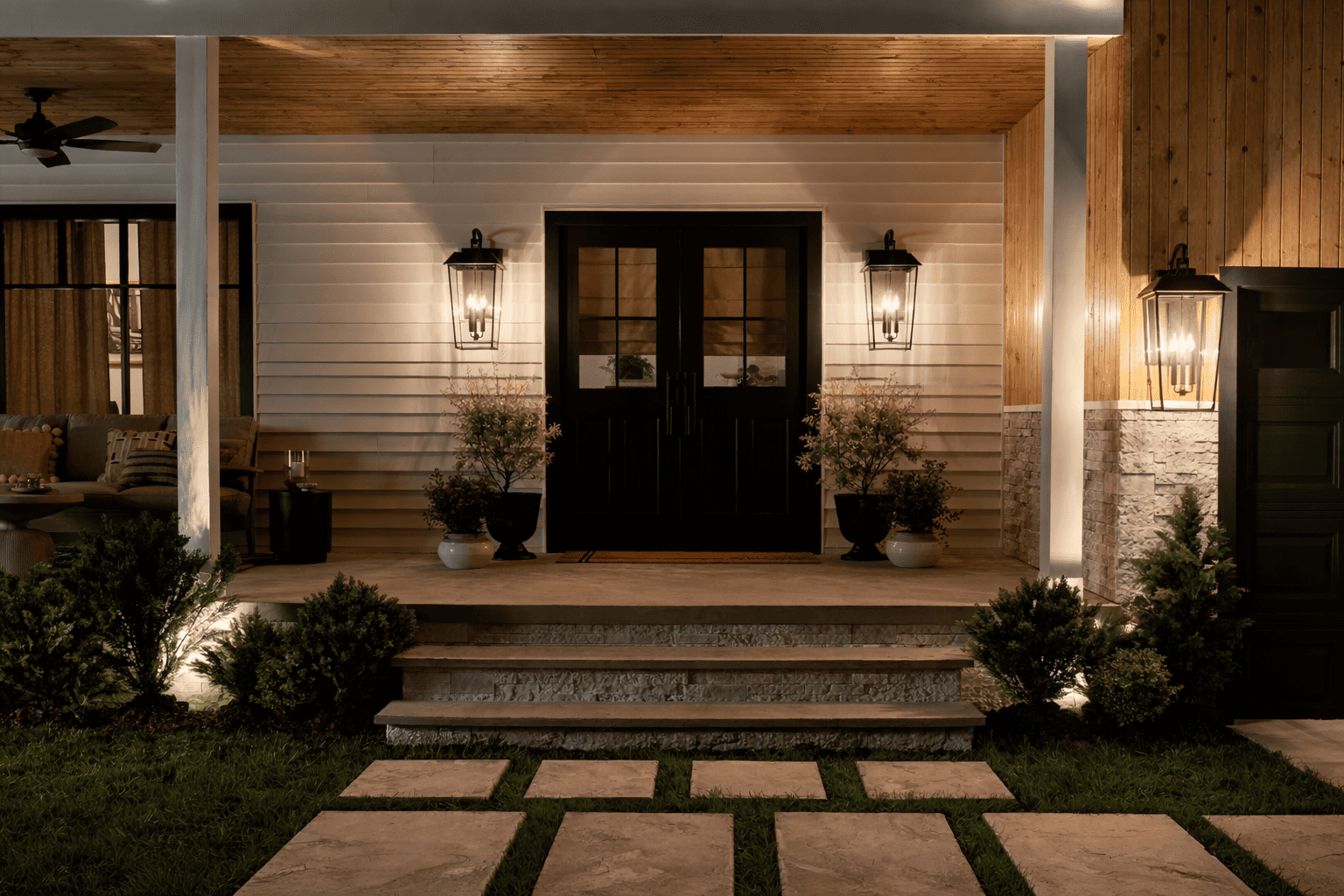 Inviting farmhouse porch at night
