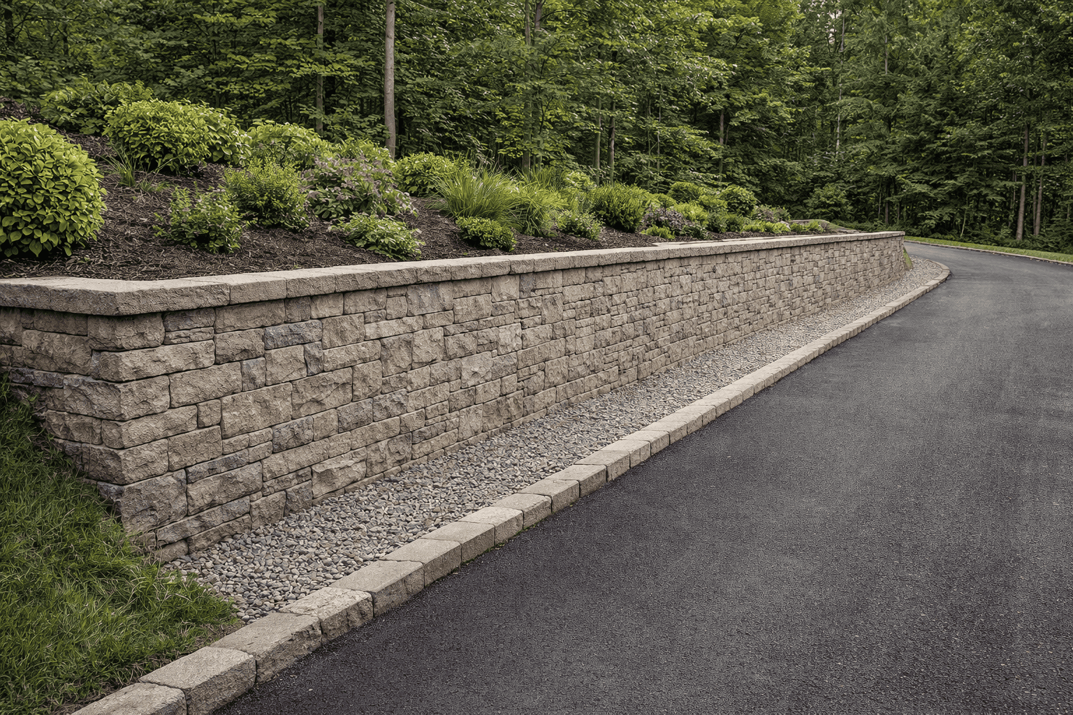 Retaining wall with landscaped driveway edge