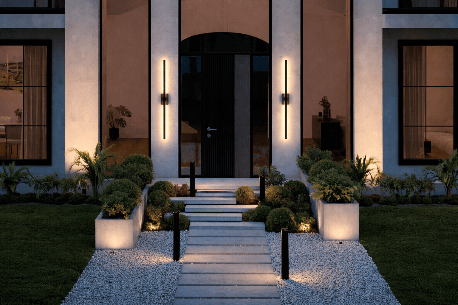 Twilight elegance at a modern entrance