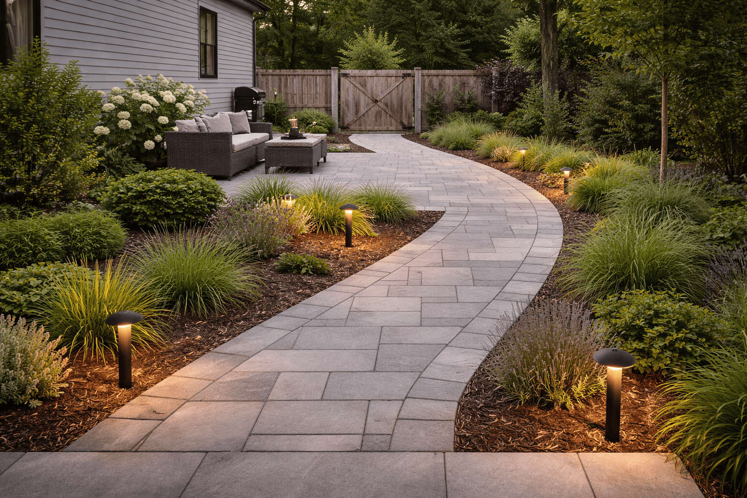 Twilight garden path and patio retreat