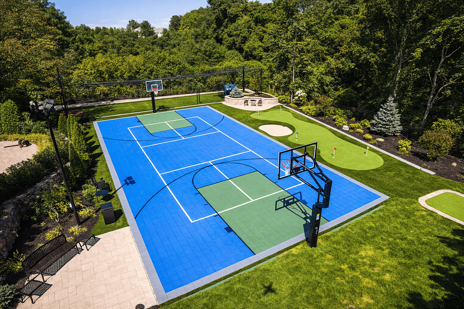 Vibrant backyard with estate multi-sport court