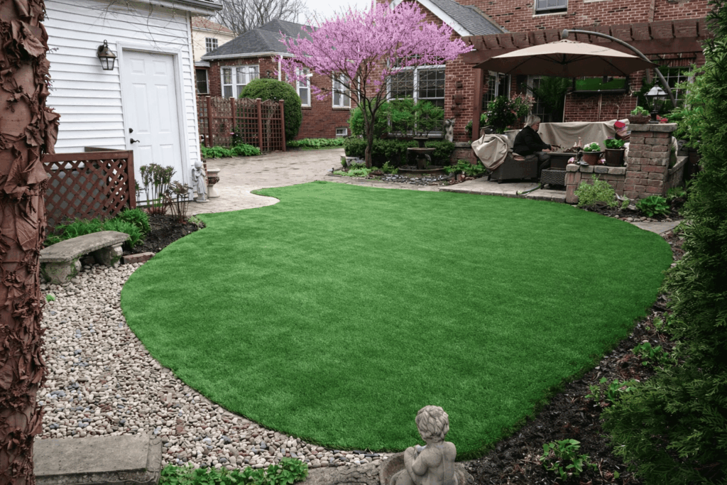 Charming garden with pergola and blossoms