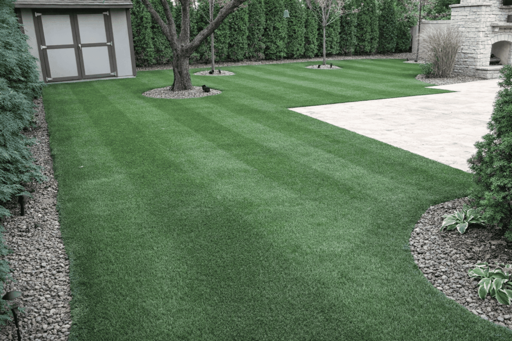 Lush backyard with stone features